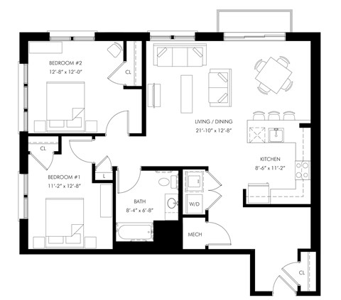 Floor plan for 2 beds, 1 bath, 1080 sqft